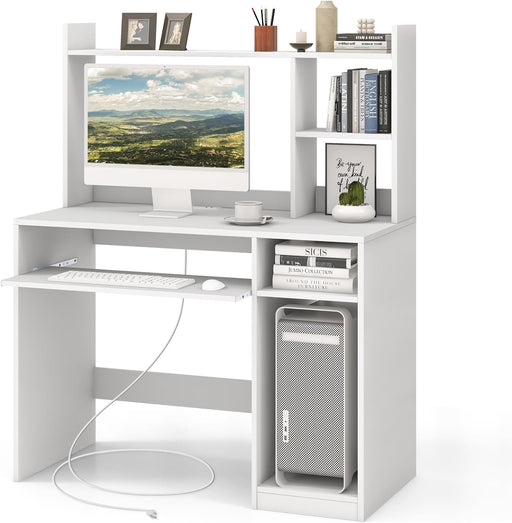 White Desk with Hutch &Charging Station, Home Office Desk with Keyboard Tray & CPU Stand, Modern Laptop PC Desk, Space - Saving Writing Study Desk with Bookshelf, Ideal for Dorm Bedroom - ShipItFurniture