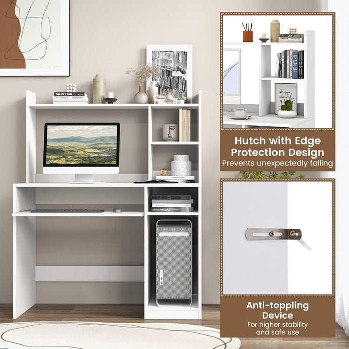 White Desk with Hutch &Charging Station, Home Office Desk with Keyboard Tray & CPU Stand, Modern Laptop PC Desk, Space - Saving Writing Study Desk with Bookshelf, Ideal for Dorm Bedroom - ShipItFurniture