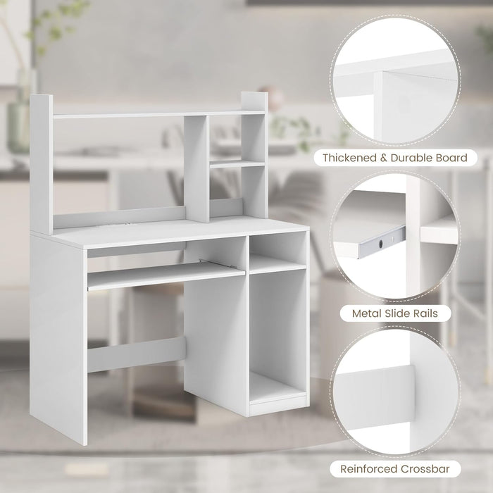 White Desk with Hutch &Charging Station, Home Office Desk with Keyboard Tray & CPU Stand, Modern Laptop PC Desk, Space - Saving Writing Study Desk with Bookshelf, Ideal for Dorm Bedroom - ShipItFurniture