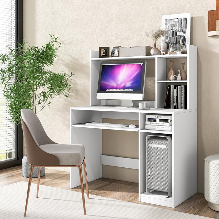 White Desk with Hutch &Charging Station, Home Office Desk with Keyboard Tray & CPU Stand, Modern Laptop PC Desk, Space - Saving Writing Study Desk with Bookshelf, Ideal for Dorm Bedroom - ShipItFurniture