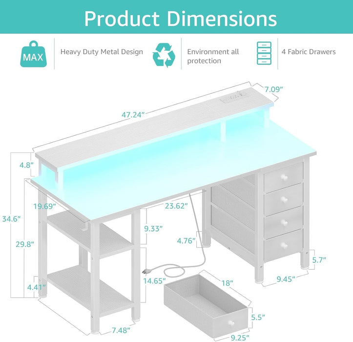 White Desk with Monitor Stand LED Lights and Power Outlets, 47 Inch Home Office Desk, Computer Gaming Desk with Fabric Drawers and Storage Shelves, White - ShipItFurniture