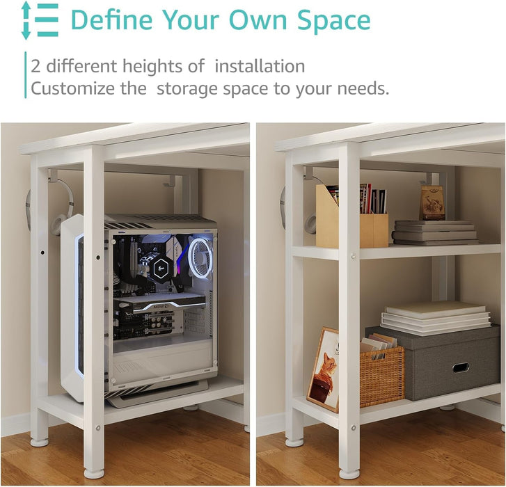 White Desk with Monitor Stand LED Lights and Power Outlets, 47 Inch Home Office Desk, Computer Gaming Desk with Fabric Drawers and Storage Shelves, White - ShipItFurniture