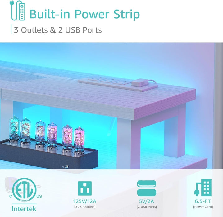 White Desk with Monitor Stand LED Lights and Power Outlets, 47 Inch Home Office Desk, Computer Gaming Desk with Fabric Drawers and Storage Shelves, White - ShipItFurniture