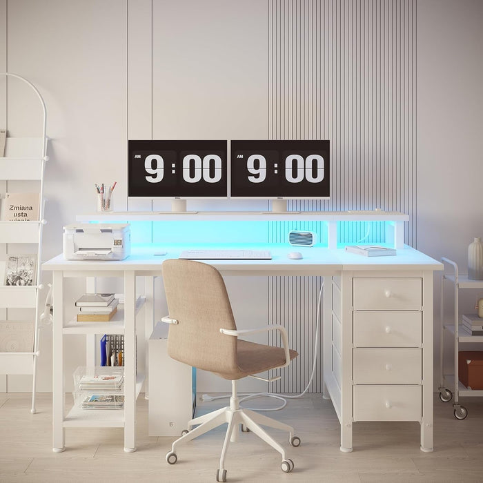 White Desk with Monitor Stand LED Lights and Power Outlets, 47 Inch Home Office Desk, Computer Gaming Desk with Fabric Drawers and Storage Shelves, White - ShipItFurniture