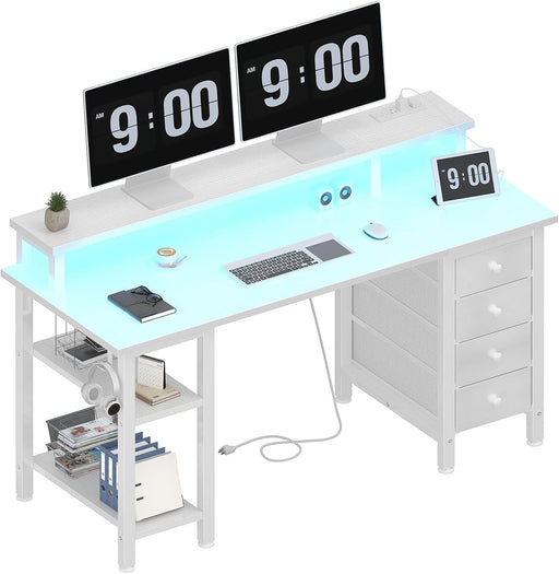 White Desk with Monitor Stand LED Lights and Power Outlets, 47 Inch Home Office Desk, Computer Gaming Desk with Fabric Drawers and Storage Shelves, White - ShipItFurniture