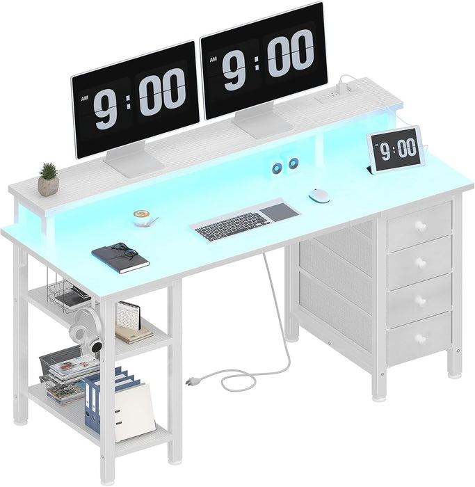 White Desk with Monitor Stand LED Lights and Power Outlets, 47 Inch Home Office Desk, Computer Gaming Desk with Fabric Drawers and Storage Shelves, White - ShipItFurniture