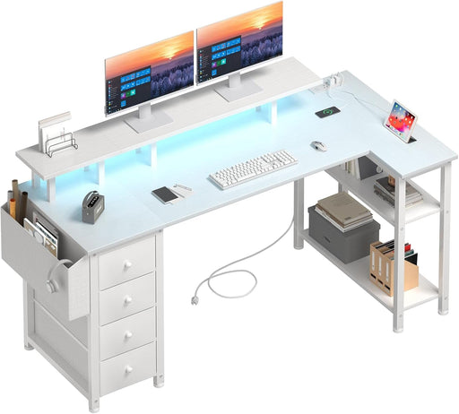 White L Shaped Computer Desk with Fabric Drawers, 55 Inch Corner Home Office Desk with Monitor Stand Shelves, Writing Study Gaming Desks with Led Lights and Power Outlets for Bedroom, White - ShipItFurniture