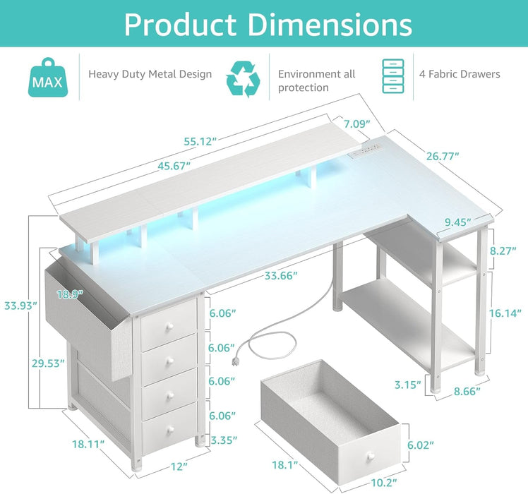 White L Shaped Computer Desk with Fabric Drawers, 55 Inch Corner Home Office Desk with Monitor Stand Shelves, Writing Study Gaming Desks with Led Lights and Power Outlets for Bedroom, White - ShipItFurniture
