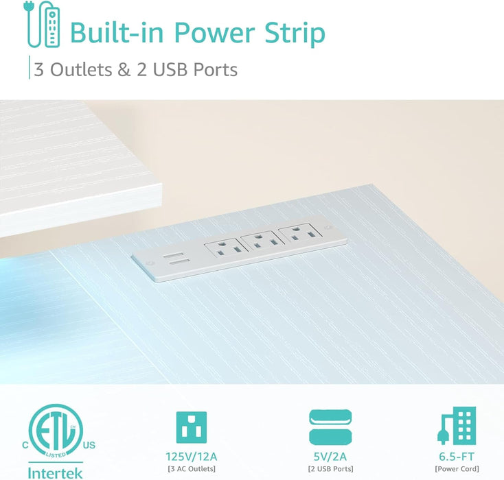 White L Shaped Computer Desk with Fabric Drawers, 55 Inch Corner Home Office Desk with Monitor Stand Shelves, Writing Study Gaming Desks with Led Lights and Power Outlets for Bedroom, White - ShipItFurniture