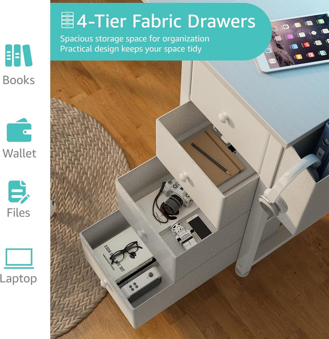 White L Shaped Computer Desk with Fabric Drawers, 55 Inch Corner Home Office Desk with Monitor Stand Shelves, Writing Study Gaming Desks with Led Lights and Power Outlets for Bedroom, White - ShipItFurniture