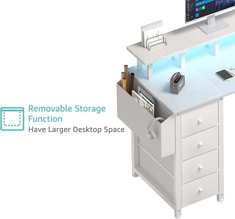 White L Shaped Computer Desk with Fabric Drawers, 55 Inch Corner Home Office Desk with Monitor Stand Shelves, Writing Study Gaming Desks with Led Lights and Power Outlets for Bedroom, White - ShipItFurniture