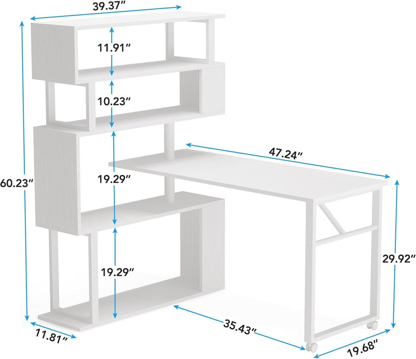 White Rotating L Shaped Desk with Bookshelf Storage - ShipItFurniture