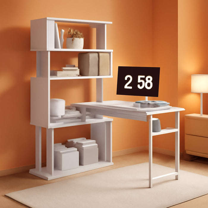 White Rotating L Shaped Desk with Bookshelf Storage - ShipItFurniture