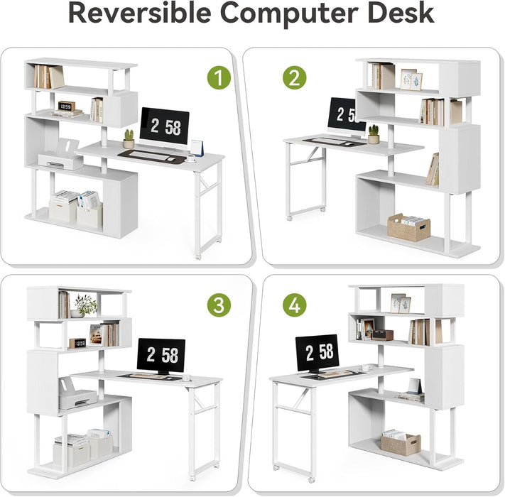 White Rotating L Shaped Desk with Bookshelf Storage - ShipItFurniture