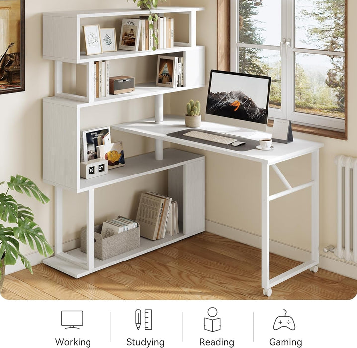 White Rotating L Shaped Desk with Bookshelf Storage - ShipItFurniture