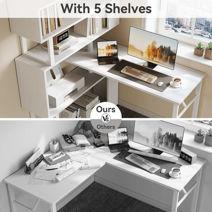 White Rotating L Shaped Desk with Bookshelf Storage - ShipItFurniture
