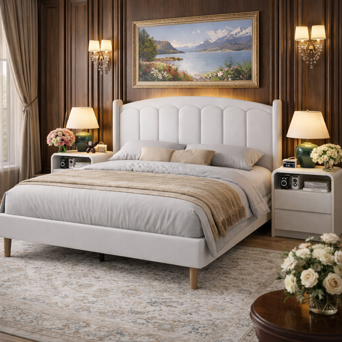 White Velvet Queen Bed Frame with LED Headboard and 2 Drawer Nightstands Set