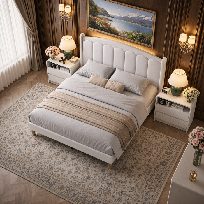 White Velvet Queen Bed Frame with LED Headboard and 2 Drawer Nightstands Set