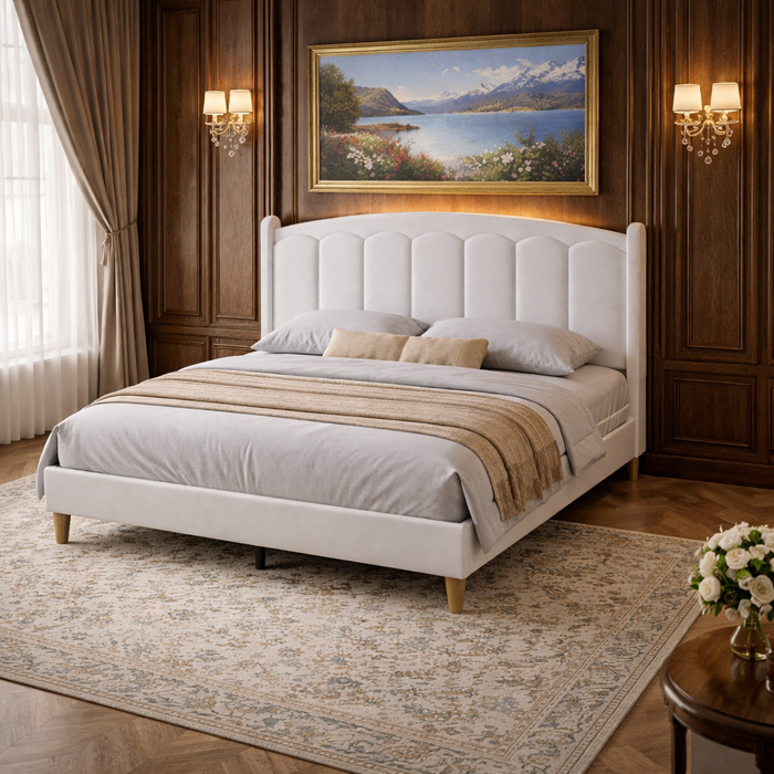 White Velvet Queen Bed Frame with LED Headboard and 2 Drawer Nightstands Set