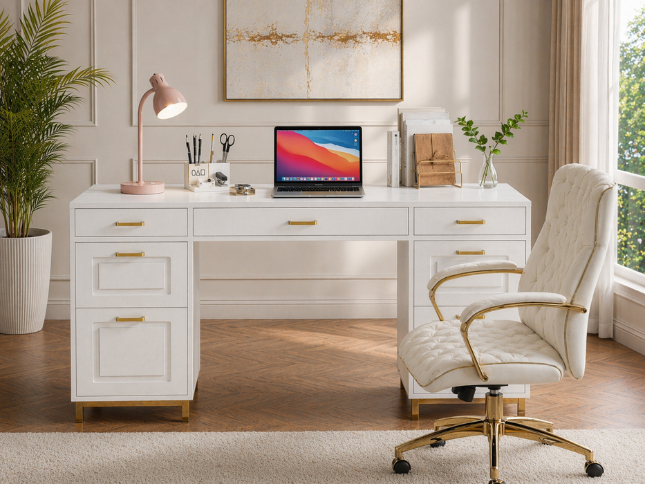 White Gold Executive Desk with 7 Drawers + Matching Padded Office Chair Set