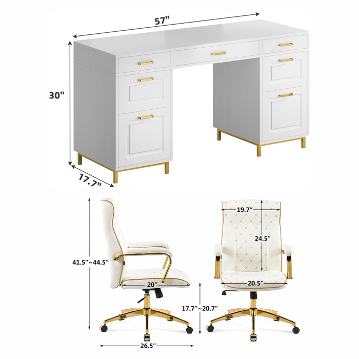 White Gold Executive Desk with 7 Drawers + Matching Padded Office Chair Set