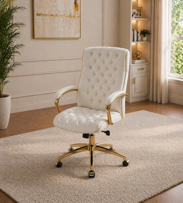 White Gold Executive Desk with 7 Drawers + Matching Padded Office Chair Set