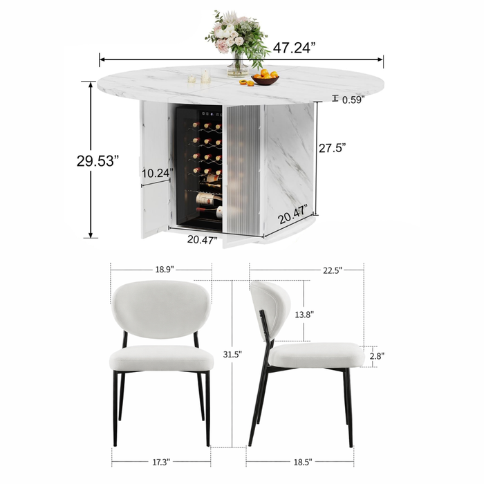 47" Round Faux Marble Dining Table Set with Storage & 4 Upholstered Chairs White
