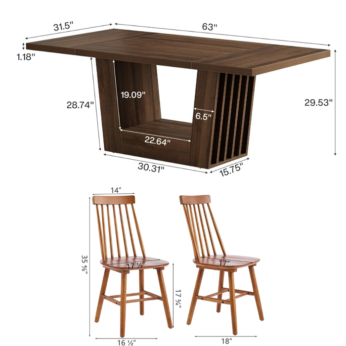 63 Inch Farmhouse Dining Table Set with 6 Windsor Chairs Walnut Brown Rectangular