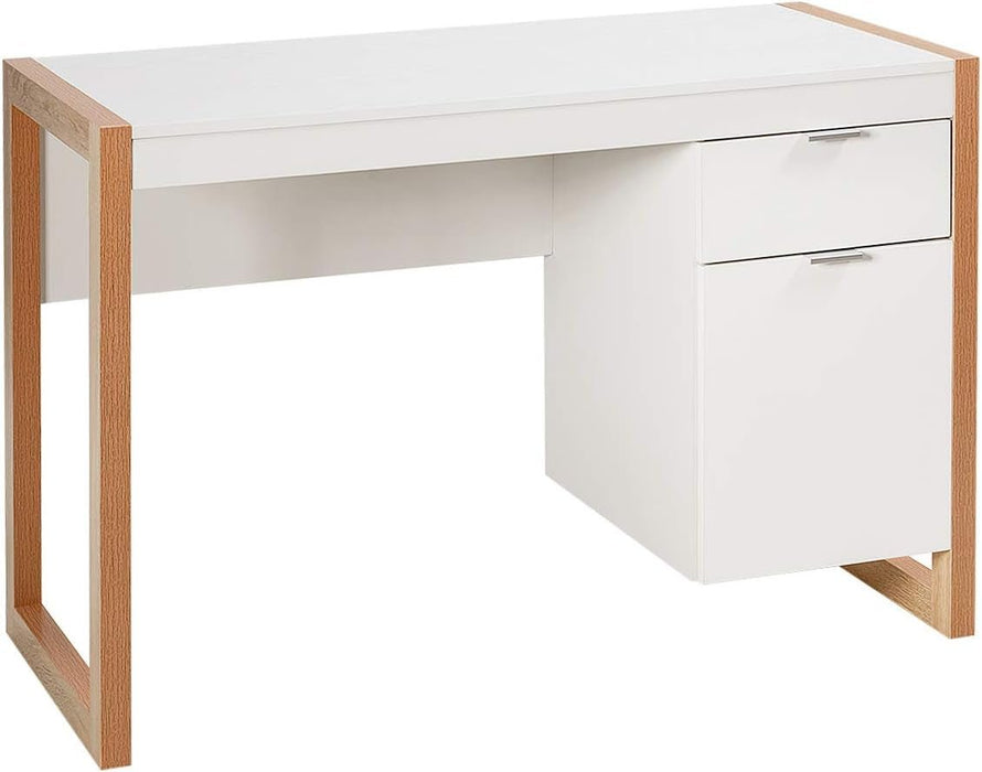 Wooden Home Office Desk with Drawer & Cabinet, PC Laptop Workstation Study Writing Desk, Ideal for Bedroom Home Office (White & Natural) - ShipItFurniture