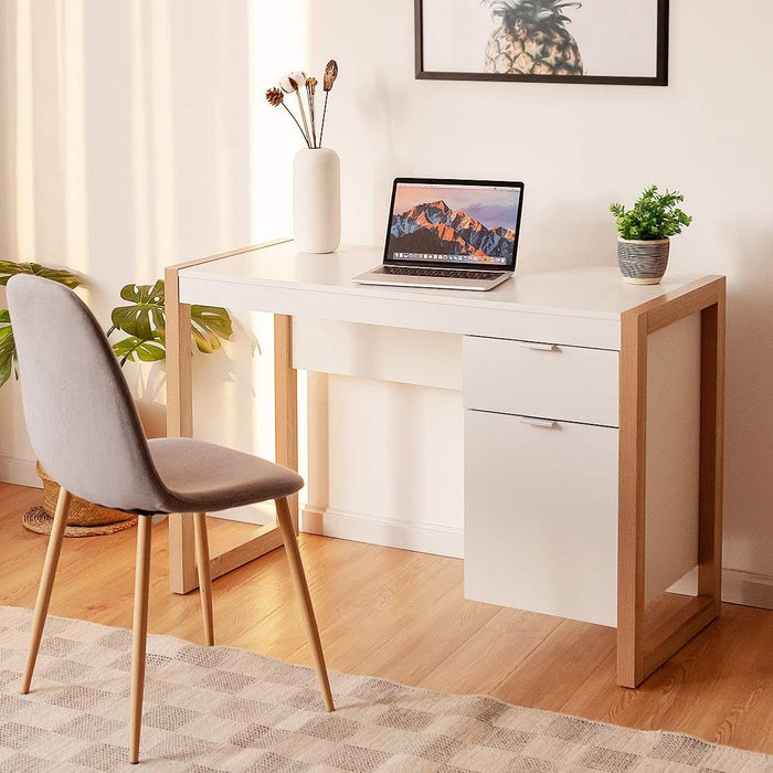 Wooden Home Office Desk with Drawer & Cabinet, PC Laptop Workstation Study Writing Desk, Ideal for Bedroom Home Office (White & Natural) - ShipItFurniture