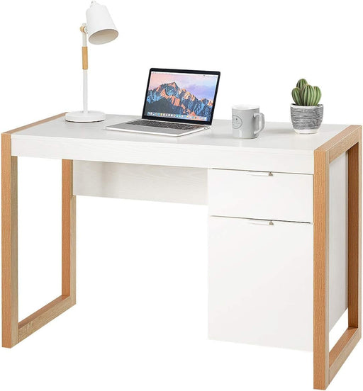 Wooden Home Office Desk with Drawer & Cabinet, PC Laptop Workstation Study Writing Desk, Ideal for Bedroom Home Office (White & Natural) - ShipItFurniture