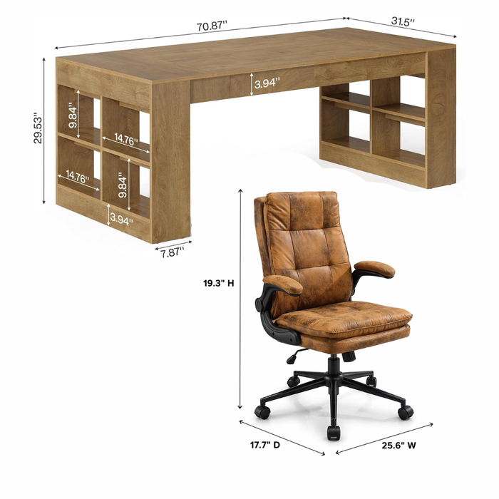 71" Executive Desk with Storage Shelves & Ergonomic High-Back Office Chair Set, Rustic Brown