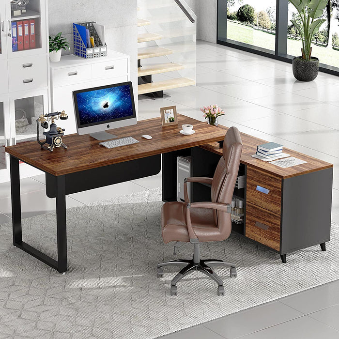 Executive L-Shaped Desk W/ Cabinet Shelves