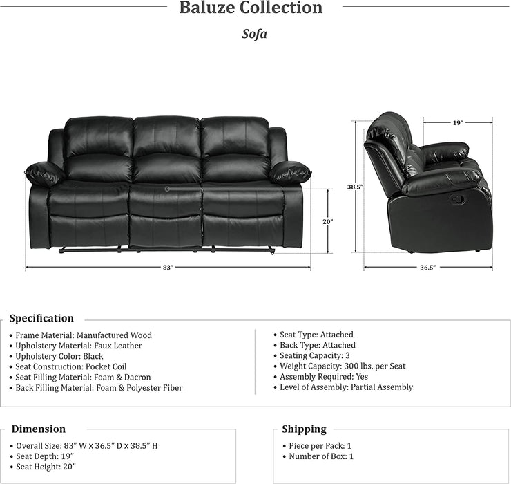 Lexicon Baluze Double Reclining Sofa, Black