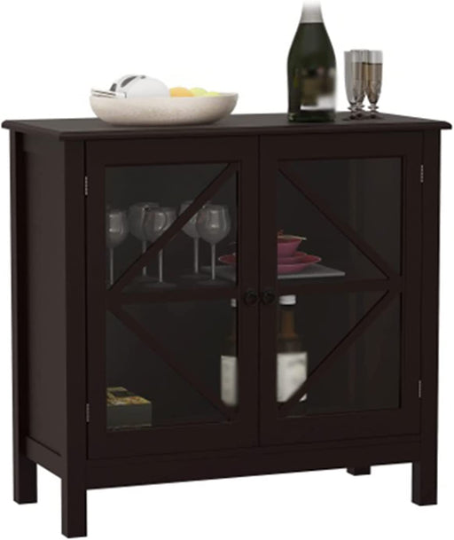 Brown Wooden Kitchen Storage Cabinet with Double Glass Door, Console Table