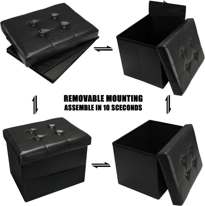 Black Leather Ottoman with Storage and Pocket