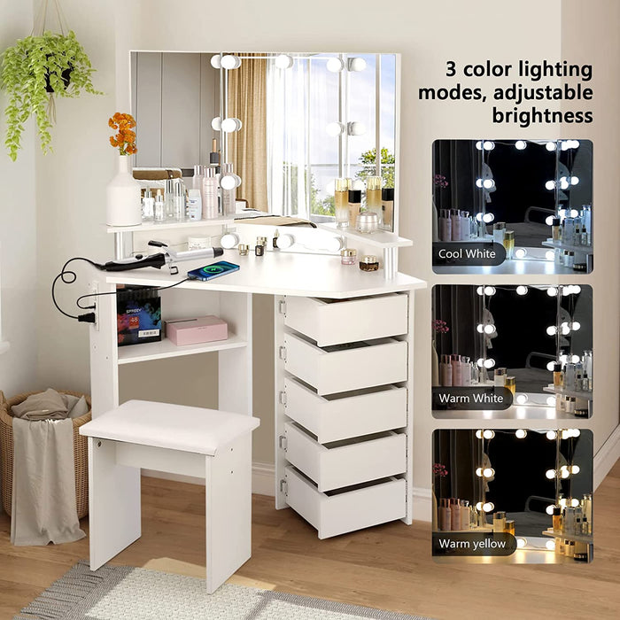 Corner Vanity Desk with Lights and Drawers