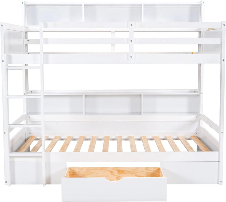 Twin over Twin Solid Wood Bed Frame with Built-In Shelves and Storage Drawer