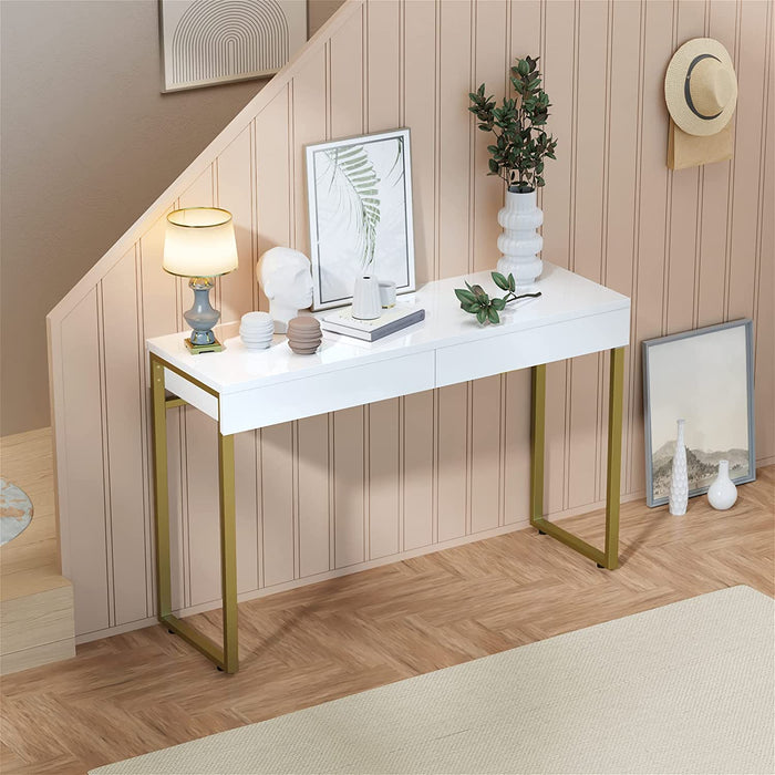 White Glossy Vanity Desk with Gold Legs, 2 Drawers