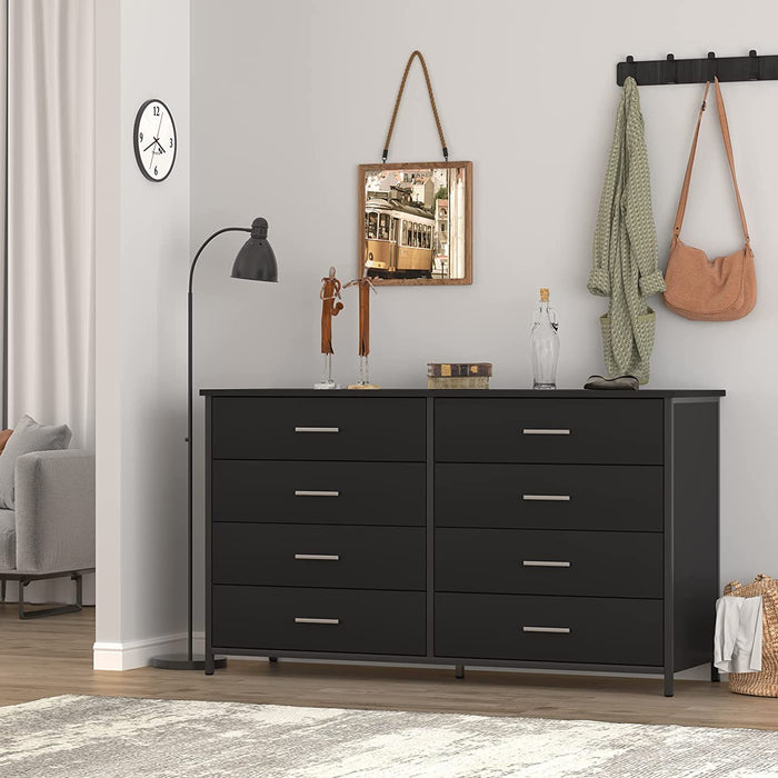 Black Wood 8-Drawer Double Dresser with Steel Frame