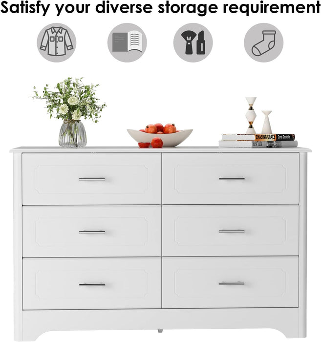 6 Drawer Dresser with Metal Handles, White