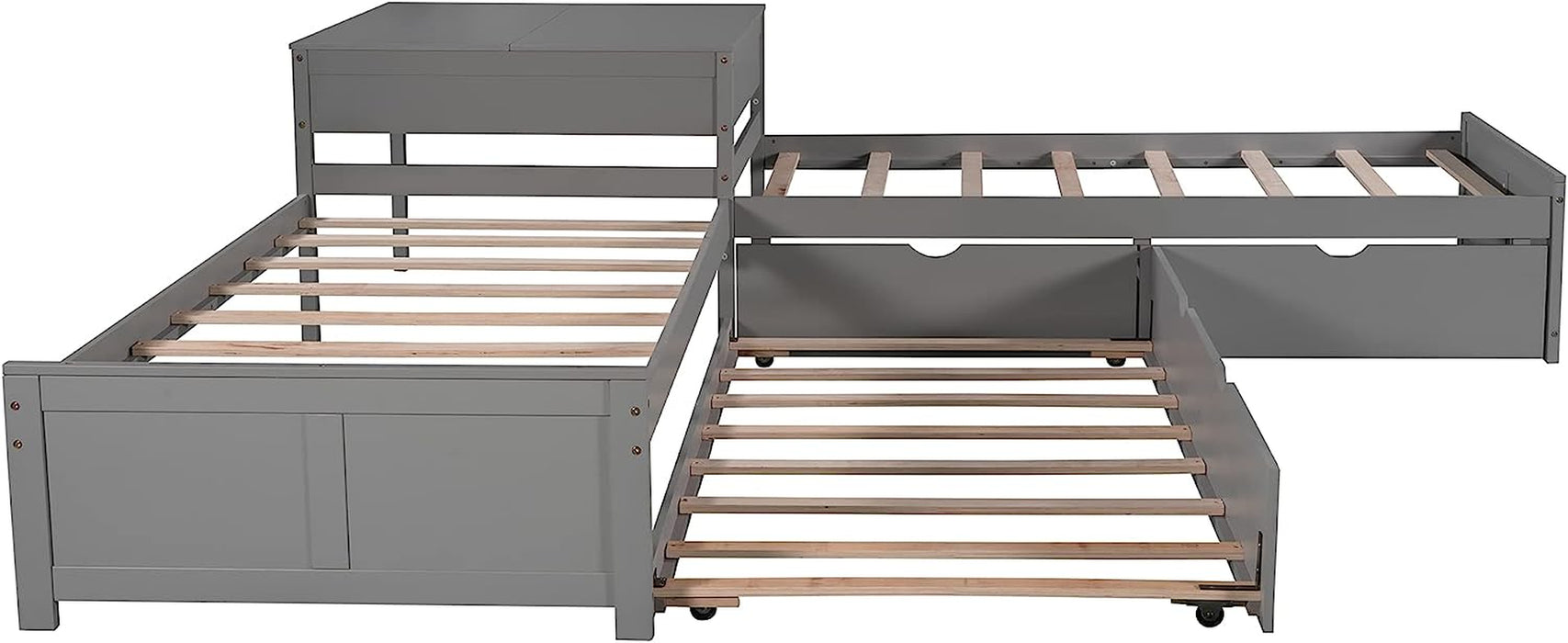 L-Shaped Twin Platform Bed with Trundle, Gray