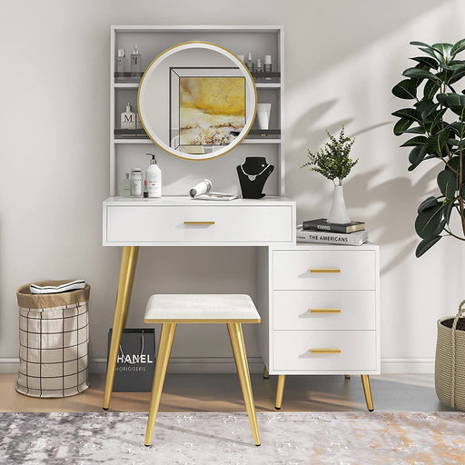 White Vanity Desk with Mirror and Lights, 5 Drawers