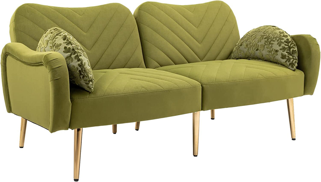 Velvet Loveseat & Accent Chair 3 Piece Set, Modern Upholstered Living Room Sofa Set, Convertible Sleeper Sofa and Armchair with Gold Metal Legs, for Bedroom, Apartment, Office, Green