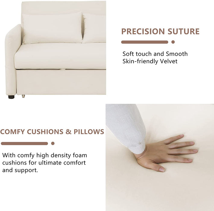 Beige Velvet Sleeper Sofa Bed with Adjustable Backrest