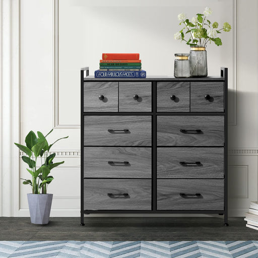 Dark Grey Fabric 10-Drawer Dresser with Wooden Top