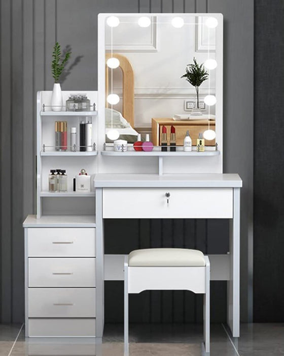 White Vanity Set with Cushioned Stool and Drawers