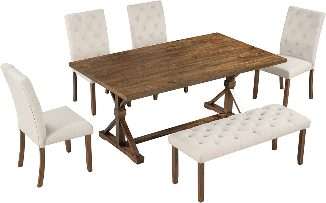 6-Piece Farmhouse Dining Table Set with Tufted Chairs & Bench