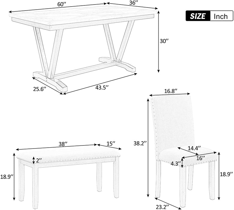 Faux Marble 6 Piece Dining Table Set with Thicken Cushion Chairs and Bench
