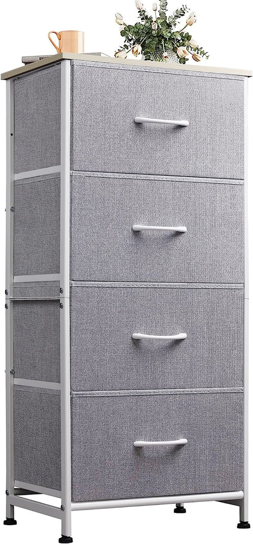Light Grey Fabric Dresser with 4 Drawers, Wood Top
